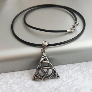 Celtic Knot Necklace, Stainless Steel Irish Knot Pendant on Black or Brown Leather Cord, Unisex Necklace, Gift for Man,  Triquetra Necklace