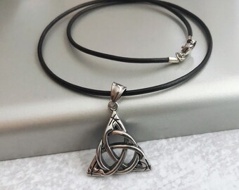 Celtic Knot Necklace, Stainless Steel Irish Knot Pendant on Black or Brown Leather Cord, Unisex Necklace, Gift for Man,  Triquetra Necklace