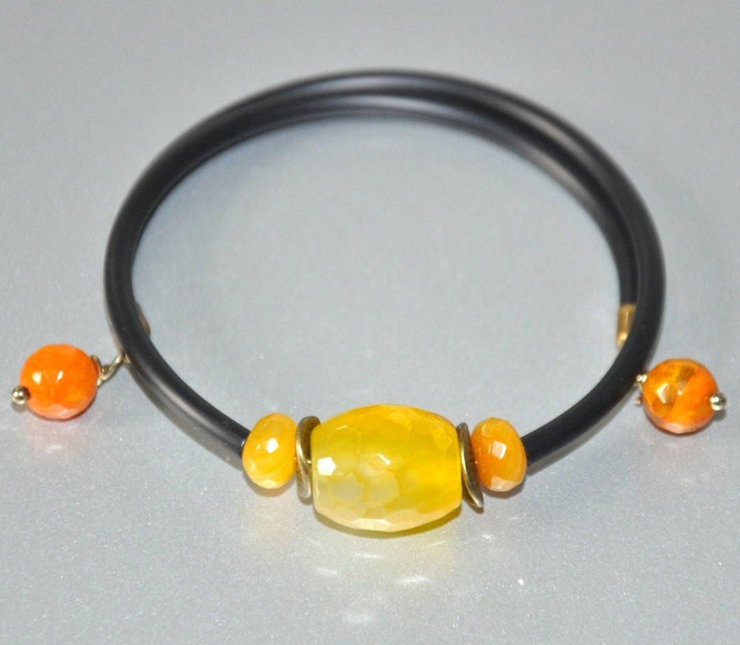 Yellow Cuff Bracelet, Gemstone Bracelet and Earrings, Memory Wire