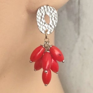 Handmade Red Coral Drop Earrings, Natural Coral Cluster  Dangle Studs,  Bohemian Jewelry, Coral Core, Anniversary Gift for Wife, Girlfriend