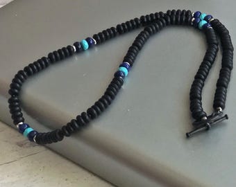Surfer Necklace, Matte Black Onyx, Turquoise and Lapis Necklace for Men, Empath Protection Necklace, Gift for Boyfriend, Handmade Jewelry