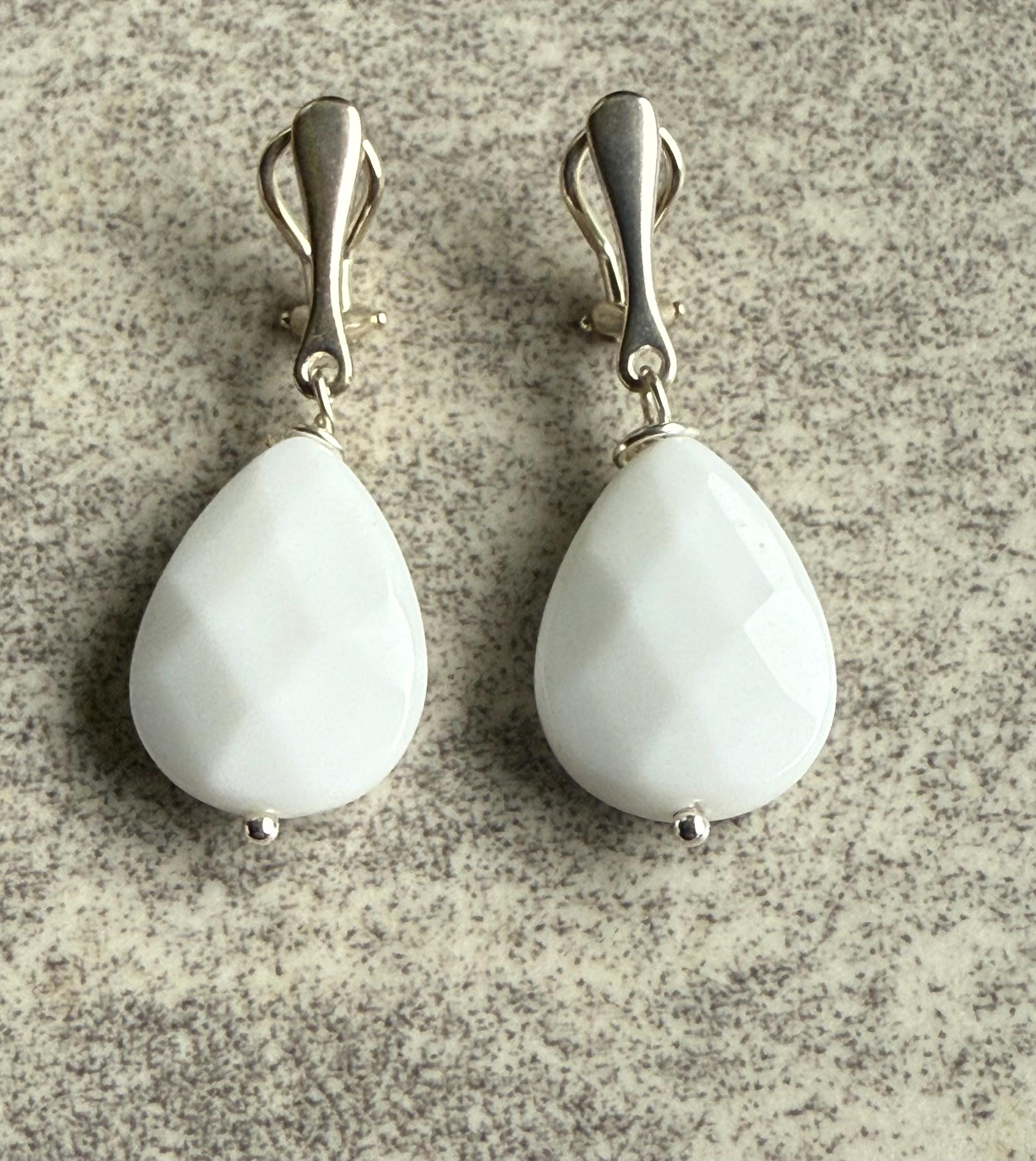 Dangle Clip on Earrings, Agate Teardrop Earrings Sterling Silver, White Clips for Unpierced Ears, Birthday Gift for Wife, Daughter, BFF