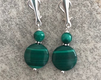 Natural Malachite Earrings Sterling Silver, Green Clip on Earrings for Unpierced Ears, Dangle Clip on, Handmade Jewelry, Gift for Wife