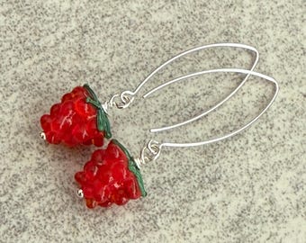 Raspberry Earrings, Sterling Silver, Red Lampwork Glass Berry Dangles