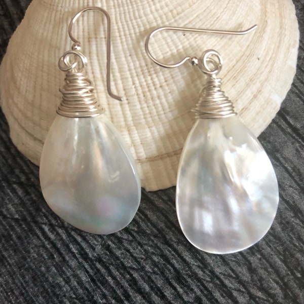 Large Mother of Pearl Earrings, Statement Earrings Sterling Silver, White Shell Teardrops, Handmade Bohemian Jewelry, Gift for Wife, BFF