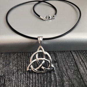 Celtic Knot Necklace, Stainless Steel Large Trinity Irish Knot Pendant on Black Leather Cord, Unisex Choker, Gift for Man,  Husband Necklace