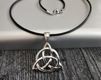 Celtic Knot Necklace, Stainless Steel Large Trinity Irish Knot Pendant on Black Leather Cord, Unisex Choker, Gift for Man,  Husband Necklace