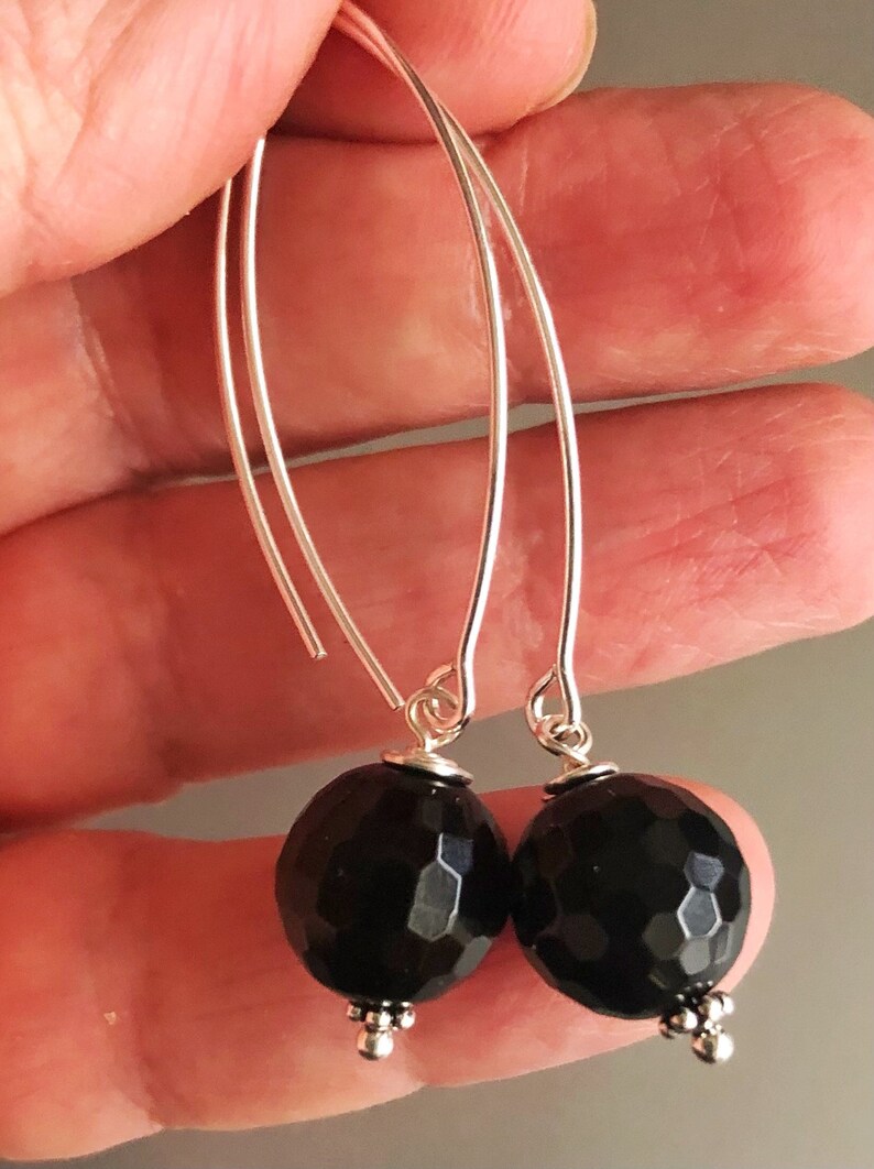 Black Onyx Dangle Earrings, Long Earrings Sterling Silver, Black Stone Earrings, Beaded Bohemian Jewelry, Gift for Wife, Girlfriend image 4