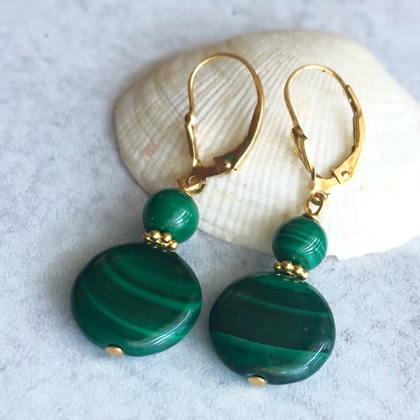 Natural Malachite Earrings Gold, Green Stone Lever Back Dangle Earrings,  Malachite Coin Earrings, Beaded Bohemian Gemstone Jewelry