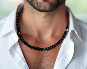 Matte Black Onyx and Malachite Necklace for Men, Handmade Gemstone Jewelry, 8mm beads