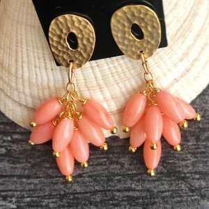 Salmon Pink Coral Dangle Earrings, Coral Drop Earrings Gold,  Real Coral Dangle Studs,  Beaded Bohemian Jewelry, Coral Core, Gift for Wife
