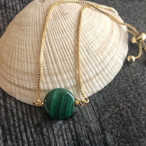 Genuine Malachite Bracelet Gold, Single Bead Bracelet , Green Stone Slider Bracelet,  Gift for Wife, Girlfriend, Malachite Jewelry