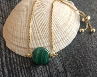 Genuine Malachite Bracelet Gold, Single Bead Bracelet , Green Stone Slider Bracelet,  Gift for Wife, Girlfriend, Malachite Jewelry