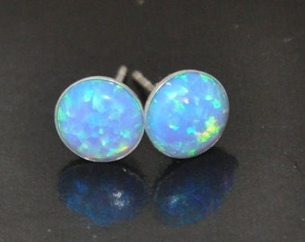 Blue Opal Earrings,  Opal Studs Sterling Silver, 8mm Opal, Birthstone Jewelry, Opal Jewelry, October Birthstone