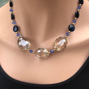 Handmade Blue Crystal Statement Necklace Gold, Beaded Bohemian Necklace Adjustable, Wedding Jewelry for Mother of the Bride, Groom