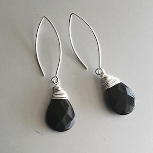 Black Earrings Dangle,  Long Drop Earrings Sterling Silver, Black Onyx Gemstone Earrings,  Beaded Bohemian Jewelry
