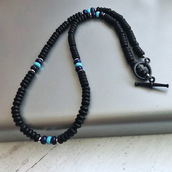 Surfer Necklace, Matte Black Onyx, Turquoise and Lapis Necklace for Men, Empath Protection Necklace, Gift for Boyfriend, Handmade Jewelry