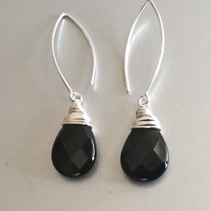 Black Onyx Earrings Sterling Silver, Teardrop Dangle Earrings Black, Beaded Bohemian Jewelry, Gift for Wife. Daughter