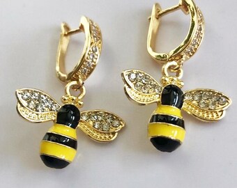 Dangle Honey Bee Earrings, Gold Huggie Hoops, Enamel Bee Charm, Beekeeper, Animal Lover Gift