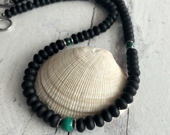 Matte Black Onyx and Malachite Necklace for Men,  Empath Protection Necklace, Gift for Boyfriend, Handmade Genuine Gemstone Mens Jewelry