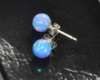 Cornflower Blue Opal Earrings Sterling Silver, 6 mm Ball Stud earrings, Opal studs, October Birthstone, Opal jewelry, Gift for Daughter, BFF