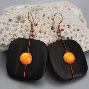 Large Wood Earrings,  Wood and Stone Colorful Earrings, Statement Earrings for Women, Beaded Bohemian Jewelry