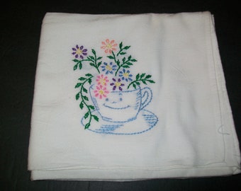 Vintage Cotton Tablecloth, Small Embroidered Table Linen, Flower Design, Rectangle 36x40