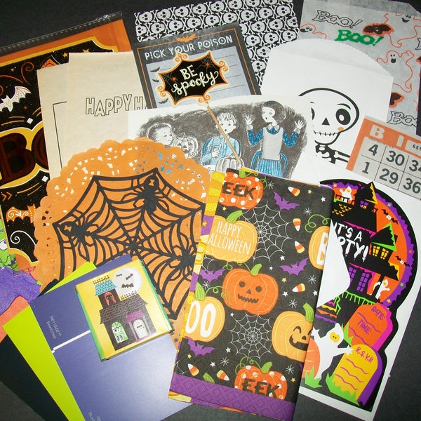 Halloween Embellishment Kit, 50+pc Inspiration Kit, Halloween Fabric Ribbon,October Daily, Junk Journal Embellishment kit