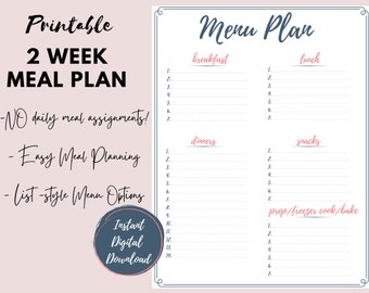 2 Week Menu Planning Printable, Biweekly Menu Plan Template