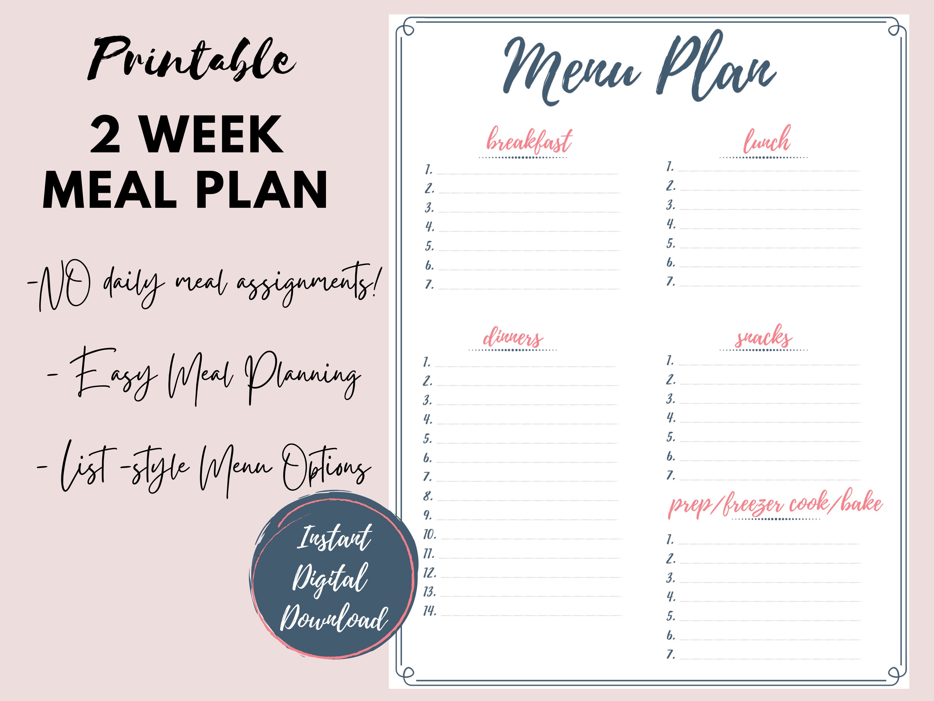 2 Week Menu Planning Printable, Biweekly Menu Plan Template - Etsy