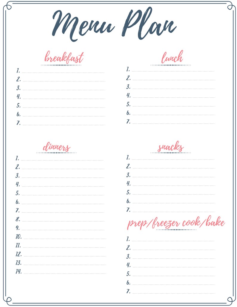 2 Week Menu Planning Printable, Biweekly Menu Plan Template - Etsy