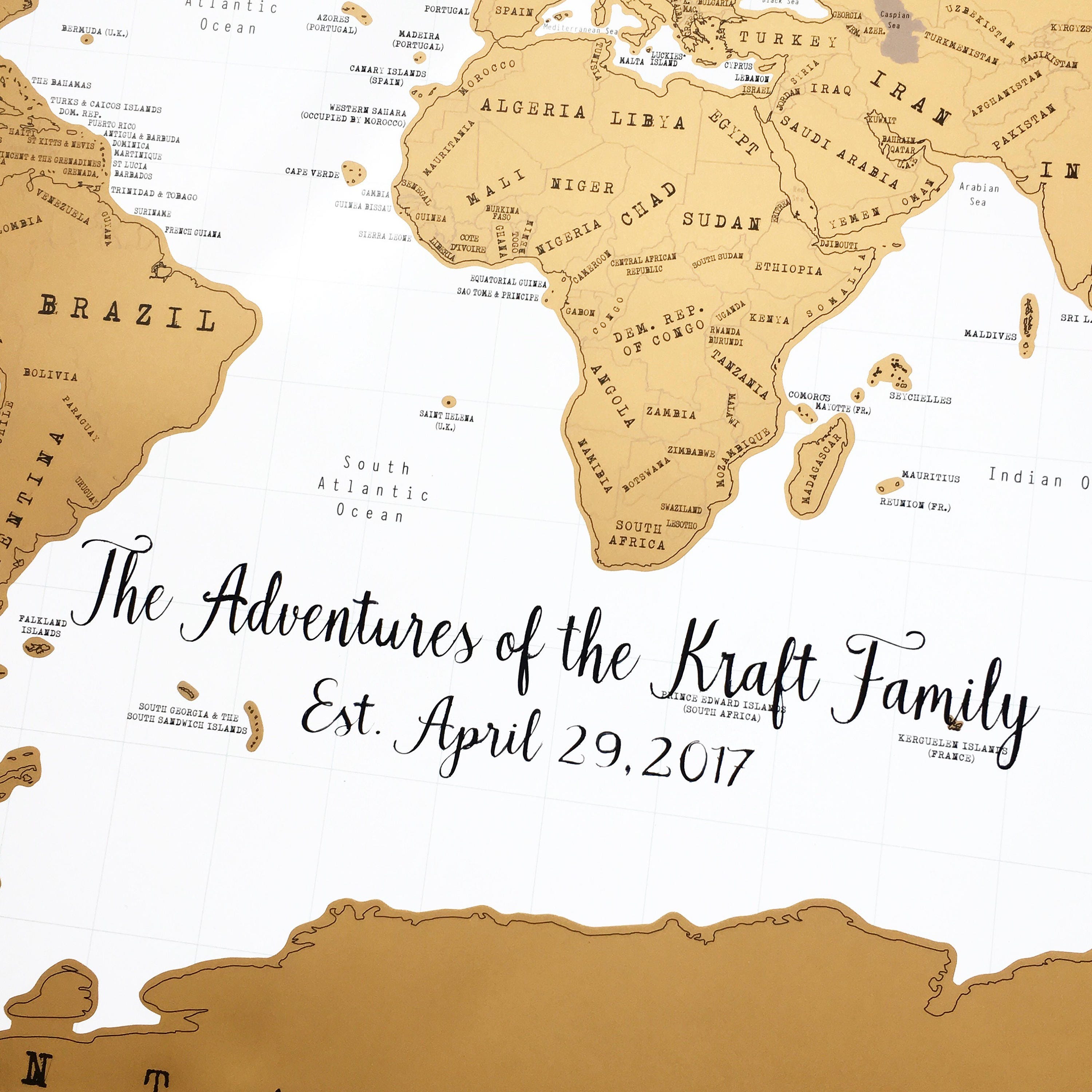 Personalized Scratch Map. Custom Handlettered for You. Gold and White ...
