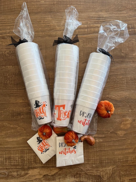 Halloween Cups - 10 Pack of 16oz foam party cups tied with coordinating ribbon