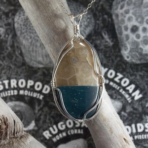 PSXS536 Two Pendants in one, Pendant wire wrapped with solid sterling silver.  One half the stone is Petoskey, one half is Leland Blue