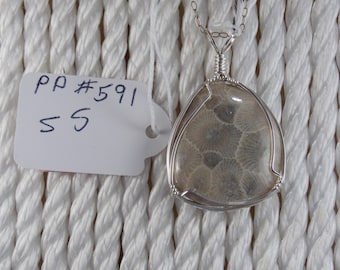 PP#591 SS Petoskey stone wire wrapped with solid sterling silver.