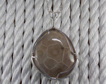 PP#533 SS Petoskey stone wire wrapped with solid sterling silver.