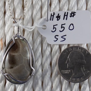 PH&H#550 Two in one pendant wire wrapped with solid sterling silver wire.  One half the stone is Petoskey, one half is Leland Blue
