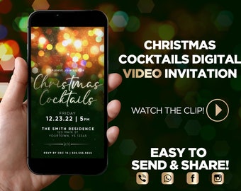 Christmas Cocktails Holiday Party Video Invitation - Green, digital cocktail Christmas party evite, Christmas Holiday video invite