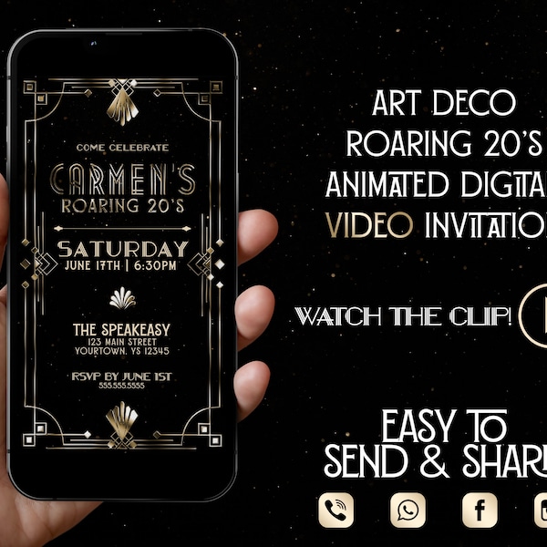 Art Deco Birthday Digital Video Invitation, Any Age Birthday invite, 20, 30, 40, 50, 60, 70 Milestone birthday evite, Gatsby birthday invite