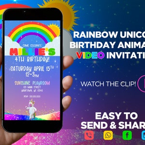 Rainbow Unicorn Birthday Animated Video Invitation, Unicorn Party, Rainbow digital evite