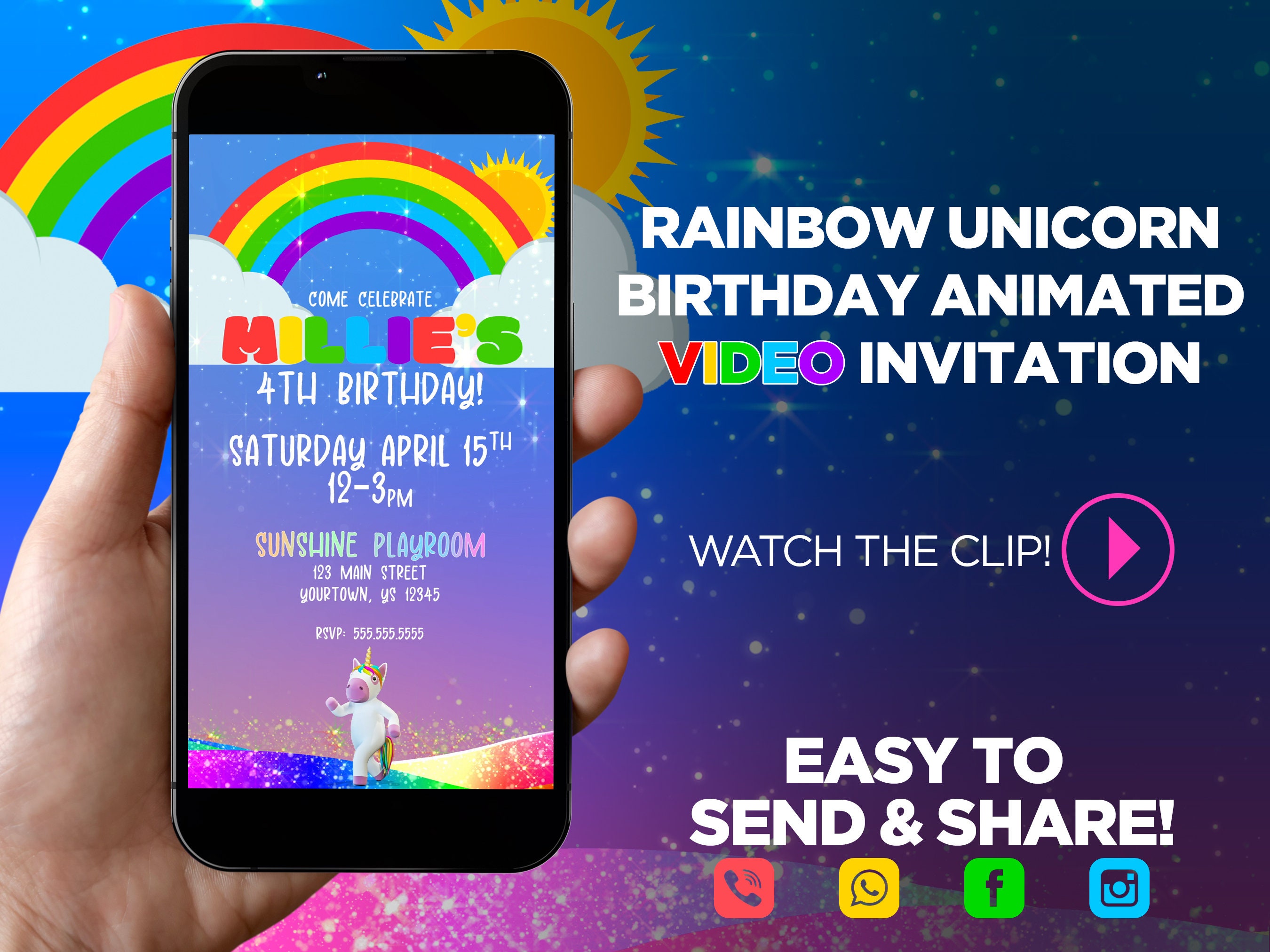 Rainbow Unicorn Birthday Animated Video Invitation, Unicorn Party, Rainbow digital evite