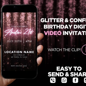 Glitter & Confetti Birthday Digital Video Invitation - Rose Gold, Any age Glitter Birthday animated video invite, Bachelorette evite,