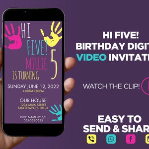 Hi Five! Birthday Party Digital Video Invitation - Purple, 5th birthday invite, high five invite, hi five evite, 5th birthday party video