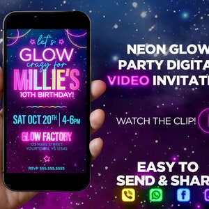 Neon Glow Party Digital Video Invitation, let’s glow video invite, glow party evite, neon theme, neon glow video invite,  glow in the dark