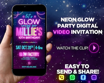 Neon Glow Party Digital Video Invitation, let’s glow video invite, glow party evite, neon theme, neon glow video invite,  glow in the dark