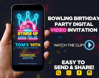 Bowling Birthday Party Video Invitation, Bowl video, Bowling evite, Bowling Animated invitation, Any age birthday, Any occasion bowling