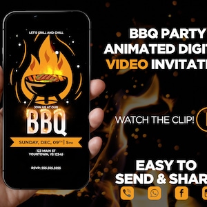 May include: A digital video invitation for a BBQ party. The invitation features a cartoon image of a grill with flames and the text "Let's grill and chill". The invitation also includes the text "Join us at our BBQ", "Sunday, Dec, 09th | 5pm", "123 Main St", "Yourtown, YS 12345", and "RSVP: 555.555.5555".