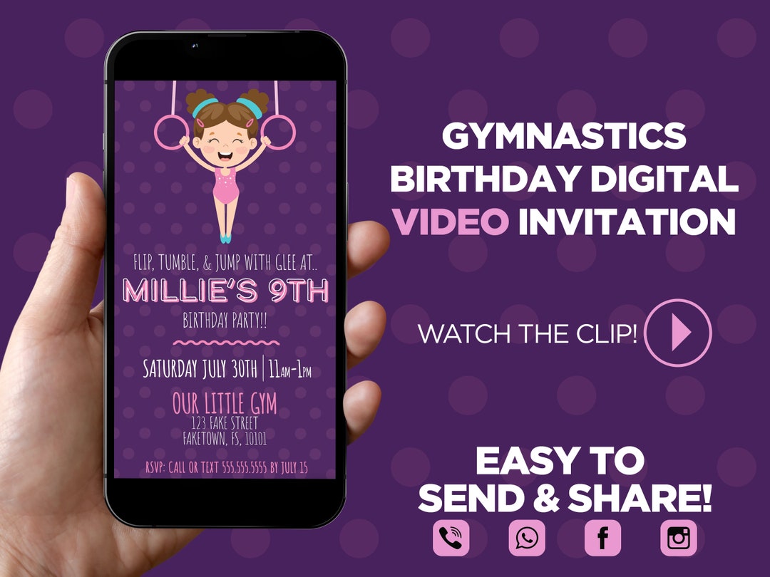 Gymnastics Birthday Digital Video Invitation, Gymnastics Animated