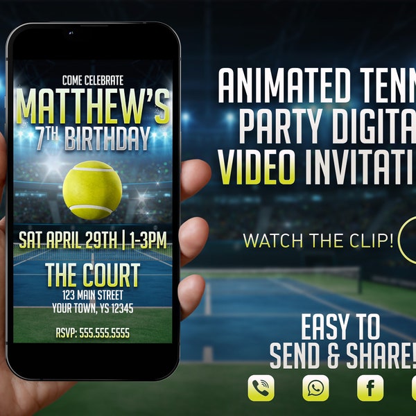 Tennis Birthday Party Video Invitation, Tennis Evite, Tennis Theme Party, Sports Theme Birthday, Any Age, Video Evite, Sports Evite,