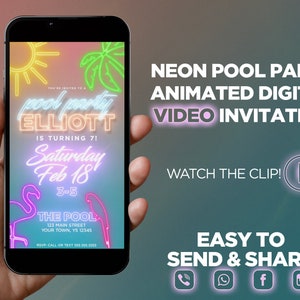 Neon Pool Party Birthday Video Invitation, Summer party Evite, Animated Pool Party Birthday Invite, Swimming Cool Glow Party, Indoor Pool,